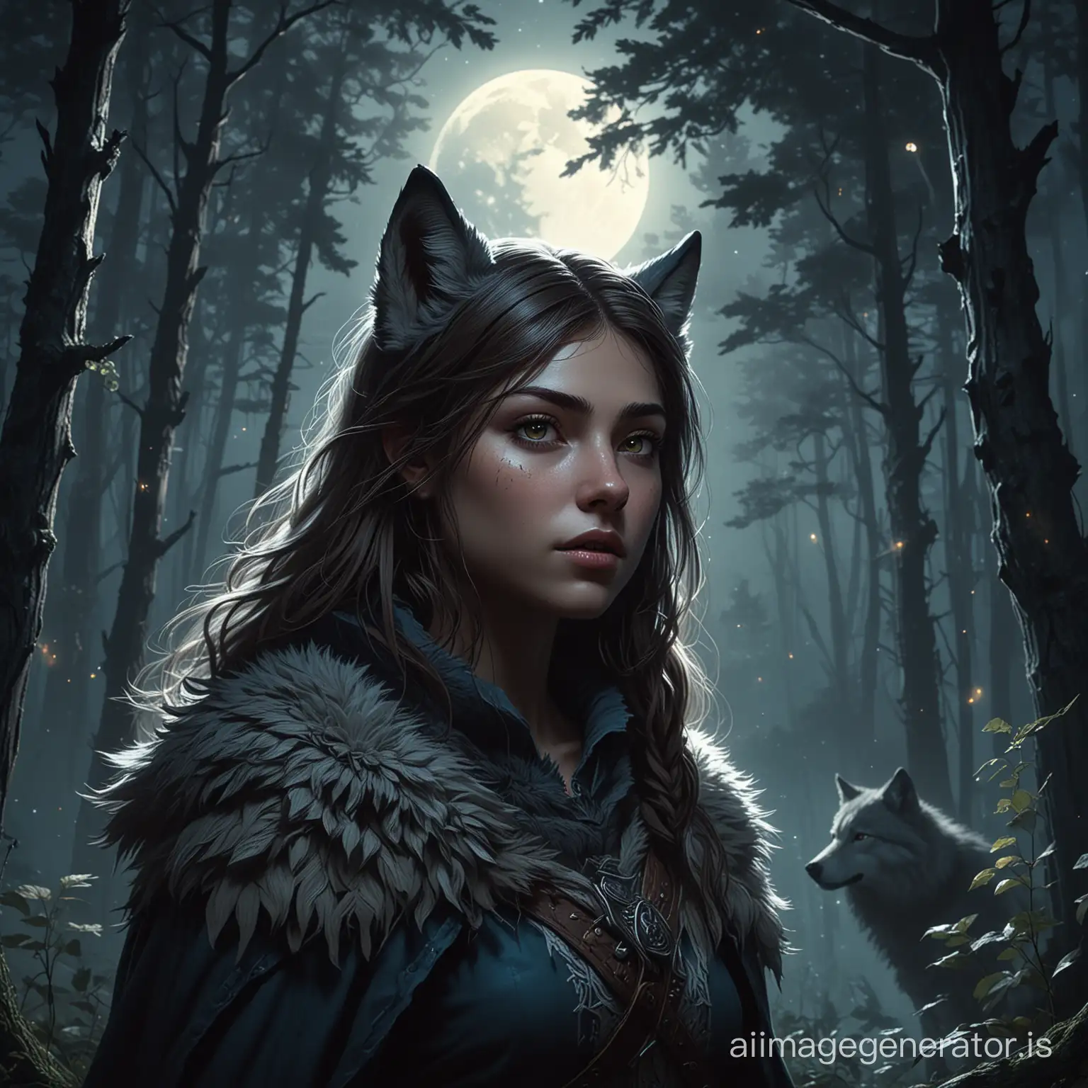 a detailed illustration of a (girl), a (wolf), inspired by Skyrim, in a mystical (forest), digital painting, fantasy art style, moonlit night, ethereal atmosphere, high detail, cinematic, 4k