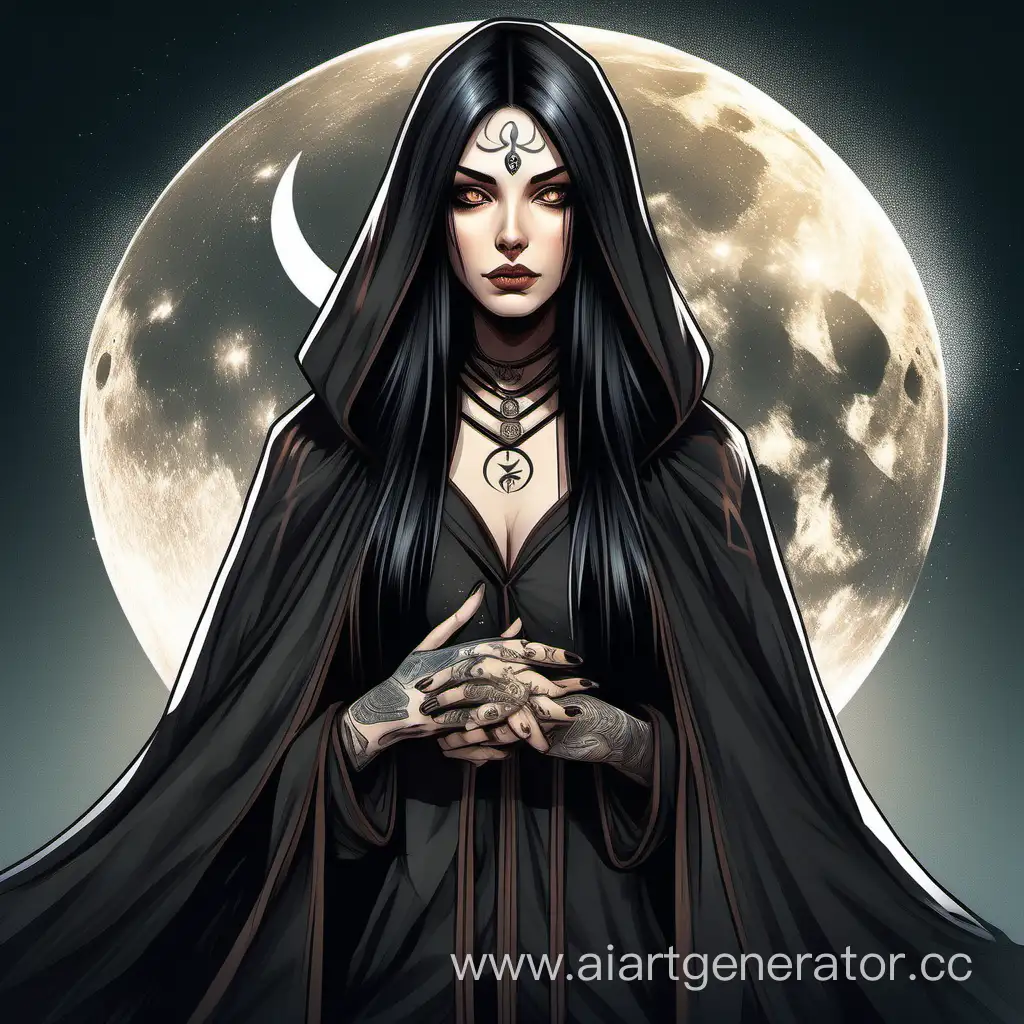 девушка с острыми чертами лица длинными чёрными прямыми волосами с белыми прядями, на лбу татуировка луны, глаза карие, кожа светлая, одета в длинную чёрную накидку