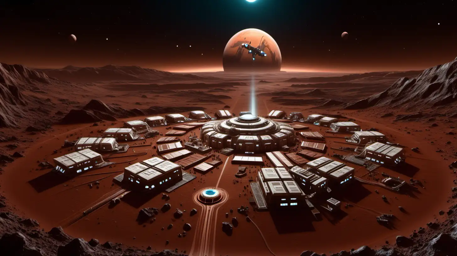 a large settlement on mars as seen from a space ship coming in to land at the space port next to it at night
