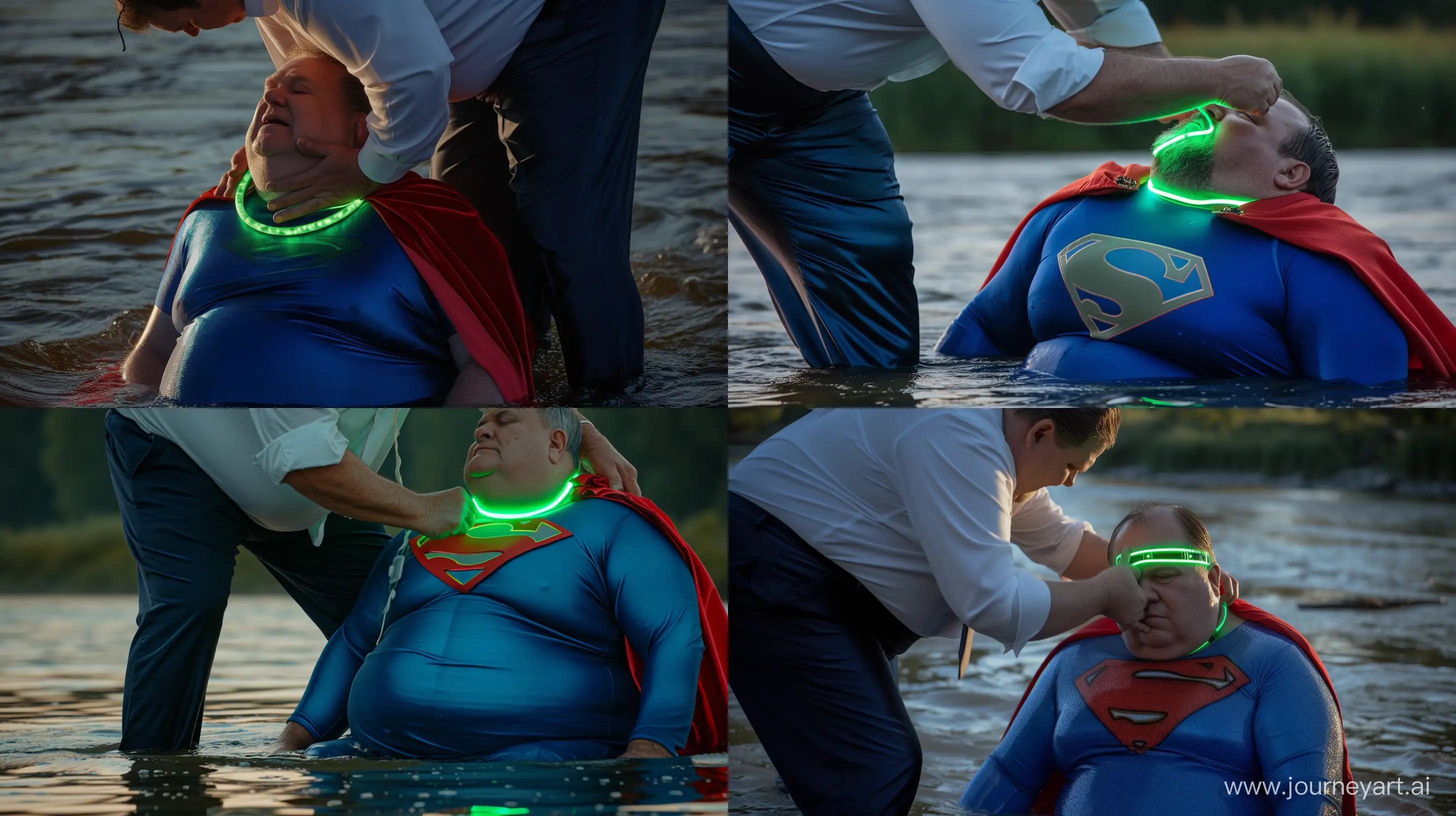 Close-up photo of a fat man wearing silk navy business pants and a white shirt. Bending and putting a tight green glowing neon dog collar on the nape of a fat man aged 60 wearing a tight blue superman costume with a red cape sitting in the water. River. --style raw --ar 16:9