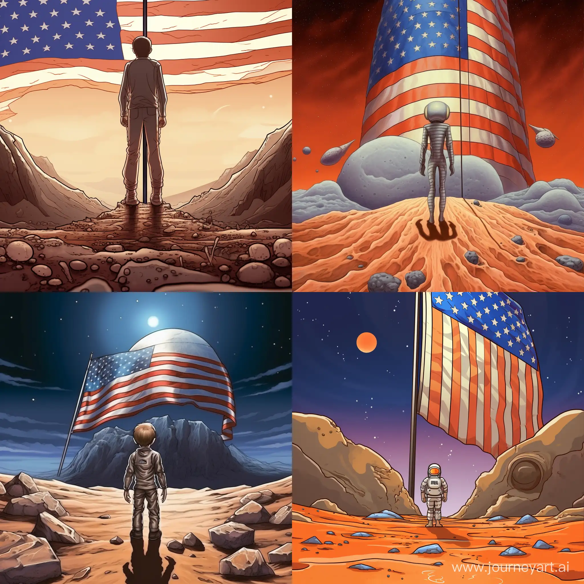 1boy, extraterrestrial monster, standing on the1. 1boy, extraterrestrial monster, standing on the moon, foot stepping on the US flag (1.3), American rover nearby (1.2), Earth in the backdrop (1.5)
Full body shot, close up of monster's foot and flag, dim tones, futuristic setting