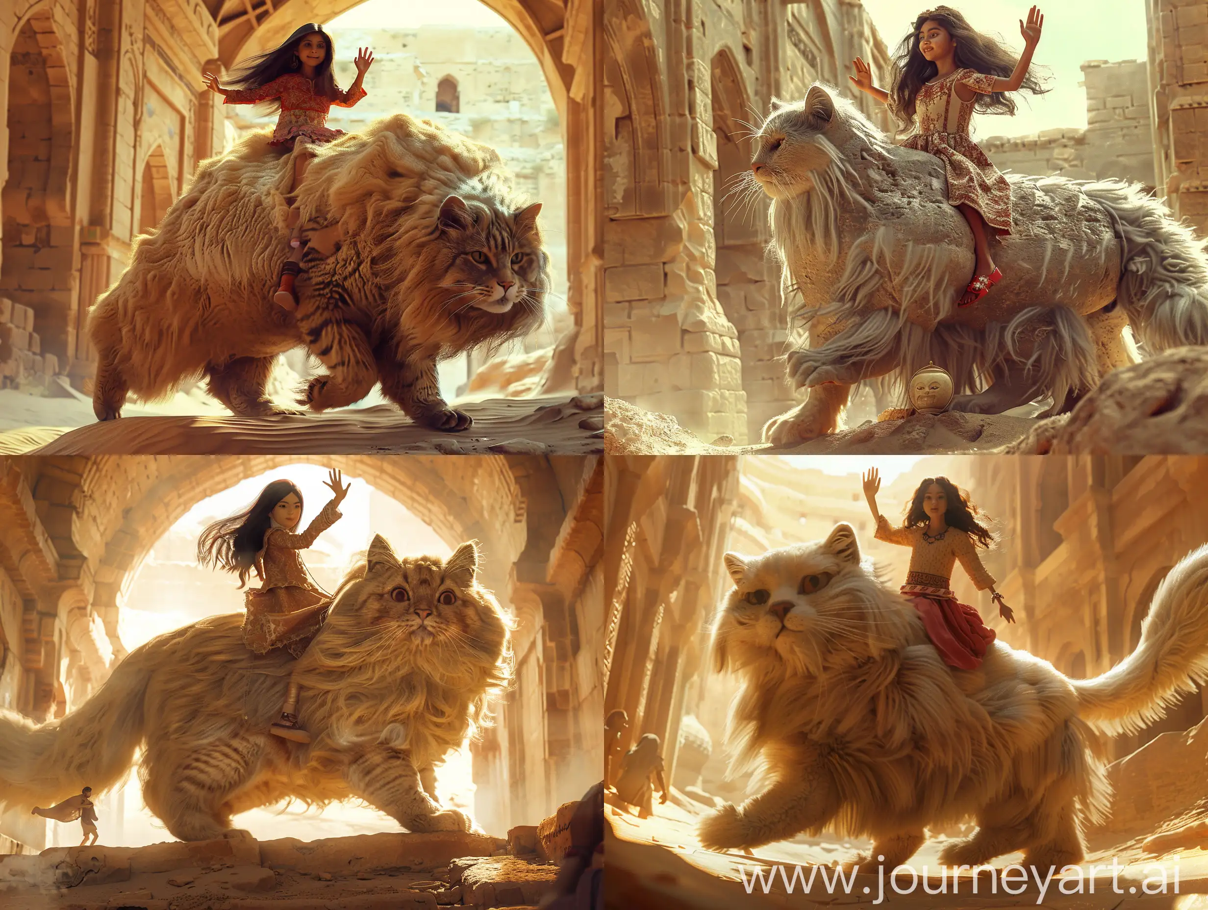 A beautiful Persian girl is riding a giant Persian cat inside the Bam Citadel, waving her hand and saying goodbye to her friends. in an ancient civilization, in a desert, cinematic, epic realism,8K, highly detailed, bird's eye view, backlit, glamour lighting 