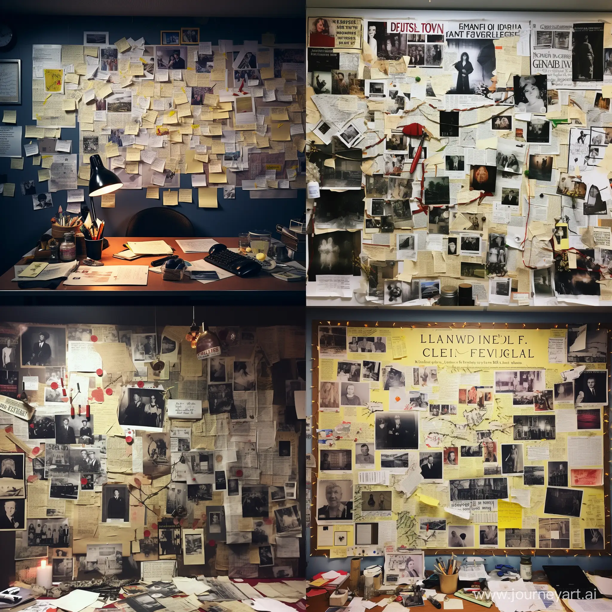 notice board of investigation, full of photos and clues leading to the criminal