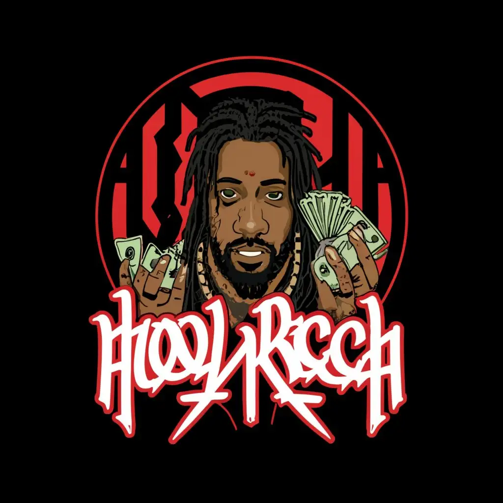 a logo design,with the text "Hood Ricch", main symbol:"Hood Ricch" album cover: Guy with dreads, grill, counting money from bullet wound, blood, hole in hand, stacks, Chevy Cutlass, projects, dice.,Moderate,clear background