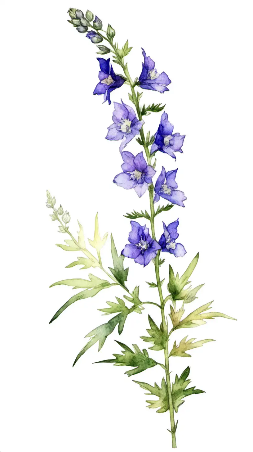 Neutral Watercolor clipart of a long stem Larkspur in bloom, white background