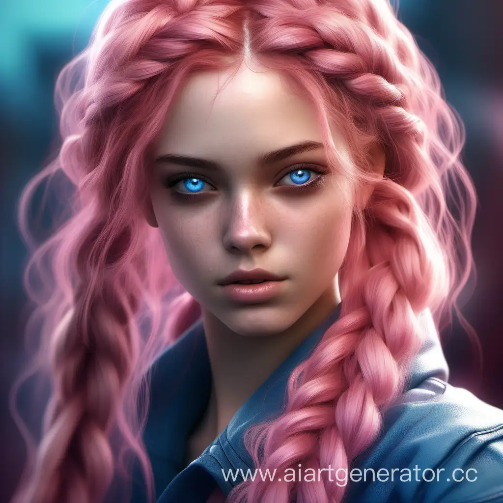 Реалистичная девушка, голубые глаза, объёмные волосы розовых оттенков, собранные в косы, объёмное изображение, проработанная детальная внешность, супер макро эффект, кожа лица и поры в деталях