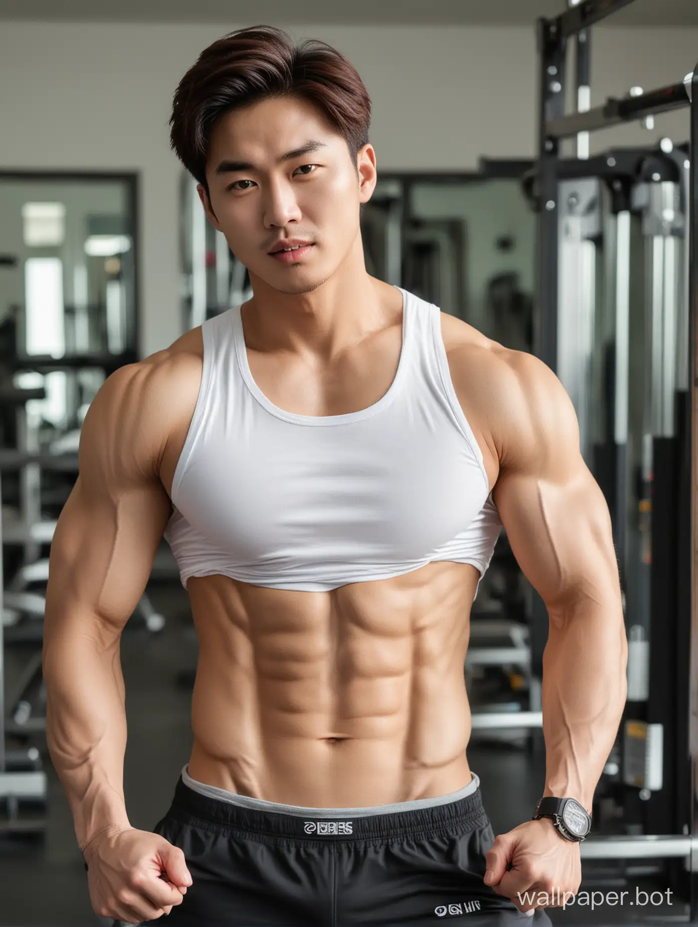 Korean handsome brother exercising in the gym, wearing a white shirt, with obvious six-pack abs,
