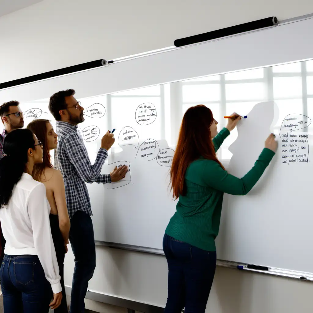 8 people writting on a whiteboard. dressed in casual. white men and woman. 