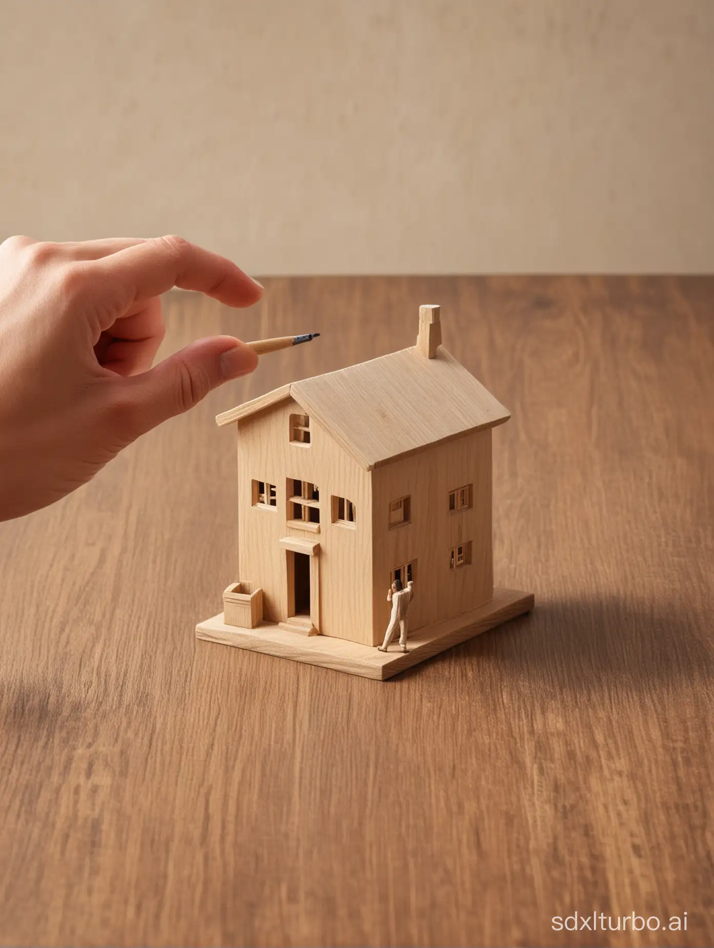 Finger-Pointing-at-Small-Wooden-House-on-Table