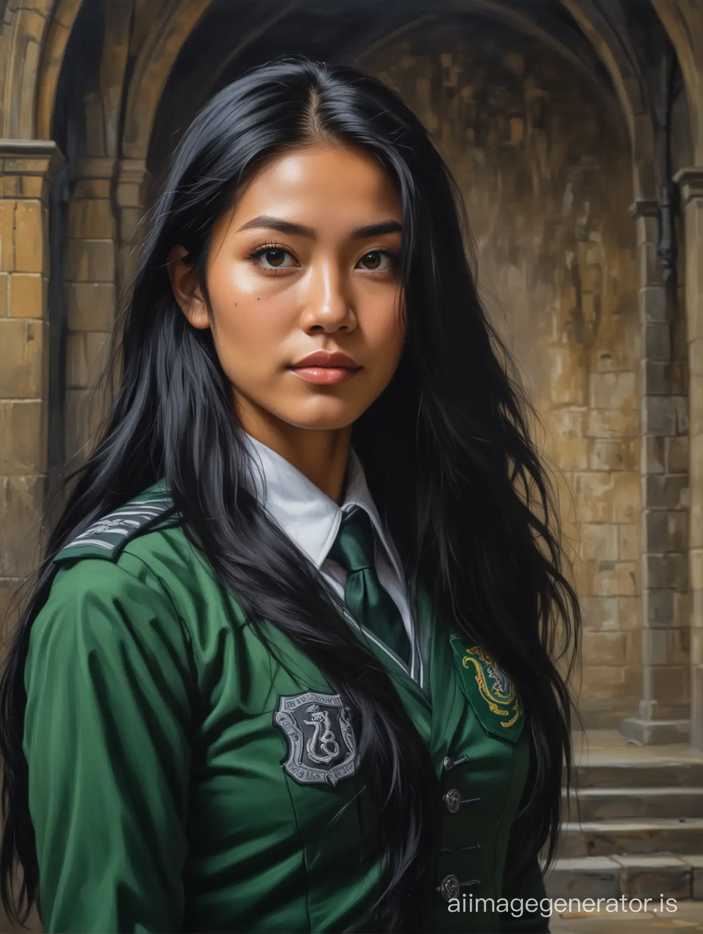 Oil painting of a young beautiful tanned Vietnamese woman with long black hair and small breasts in a Slytherin uniform at Hogwarts
