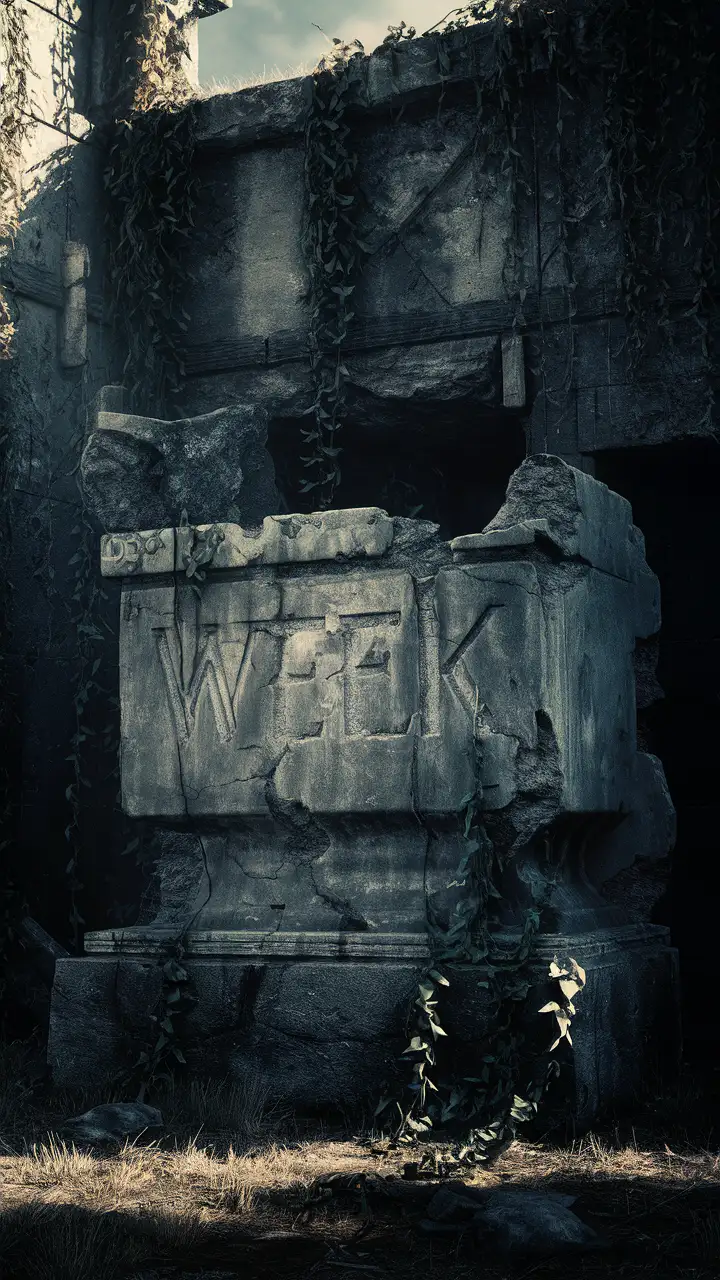 Decaying Statue of the Word WEEK Amidst Ruins