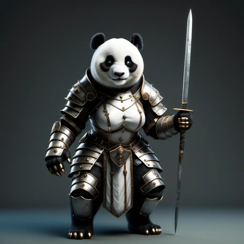 реалистичная панда женского пола рыцарь с звериными лапами и звериным телом в полный рост