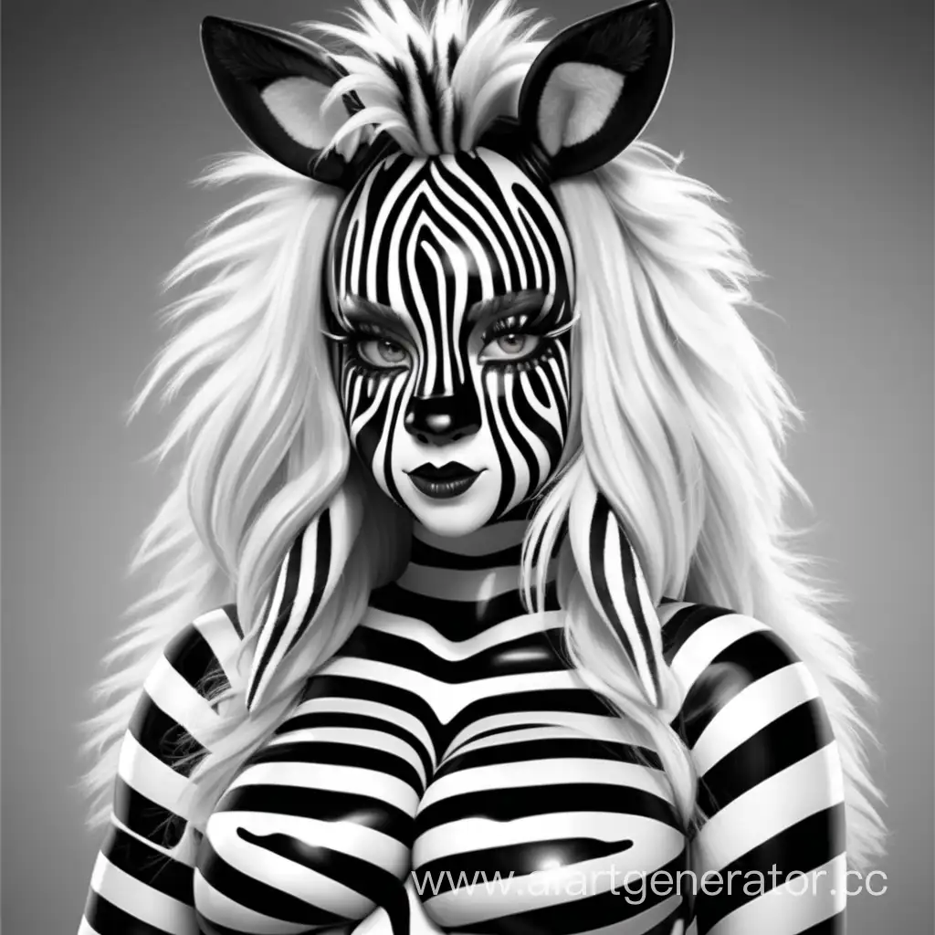 Латексная девушка зебра с белой в черную полосу латексной кожей. С пышной гривой зебры. Изображение сделать в милой стилистике