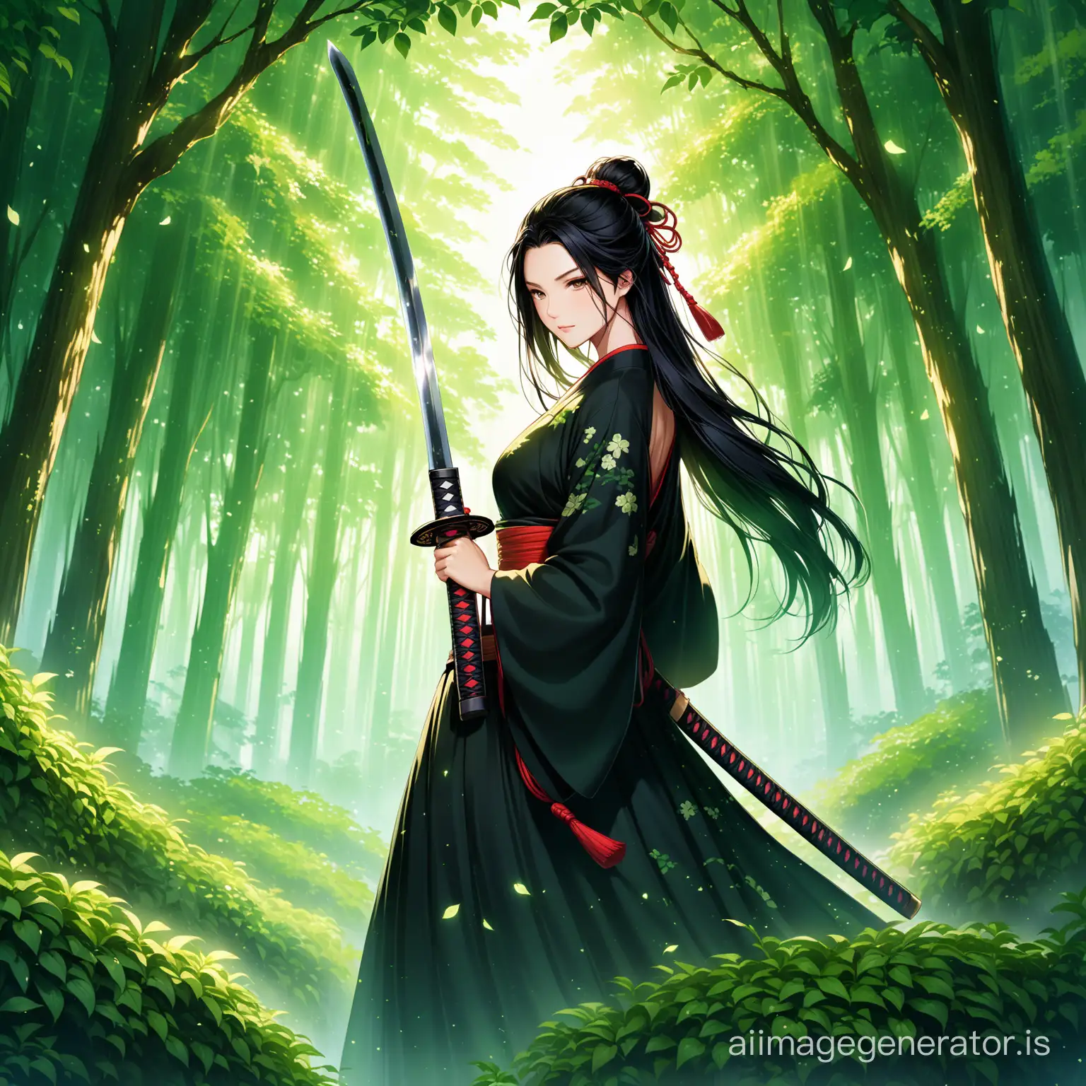Imagine a striking female samurai, her form a mesmerizing fusion of nature's bounty and warrior's resolve. Clad in a sleek black Hanfu with an open back, she stands amidst a backdrop of verdant foliage, her attire accentuating her connection to both elegance and strength. Jet black hair cascades down her back like a curtain of shadows, framing features that radiate with an ethereal luminescence. Her skin, a delicate tapestry of human and plant, glows with the vitality of the earth itself, while her eyes shimmer with an ancient wisdom born of the forests. Adorned with intricate floral patterns, her attire exudes a sense of mystery and power, a testament to her symbiotic bond with the natural world. In her hand, she wields a katana forged from enchanted wood, its blade gleaming with a supernatural energy. Set her amidst a tranquil garden or beneath the canopy of a sacred tree, where the serenity of her surroundings mirrors the strength and grace of her spirit. Capture the essence of her resilience, beauty, and harmony with nature in your depiction.