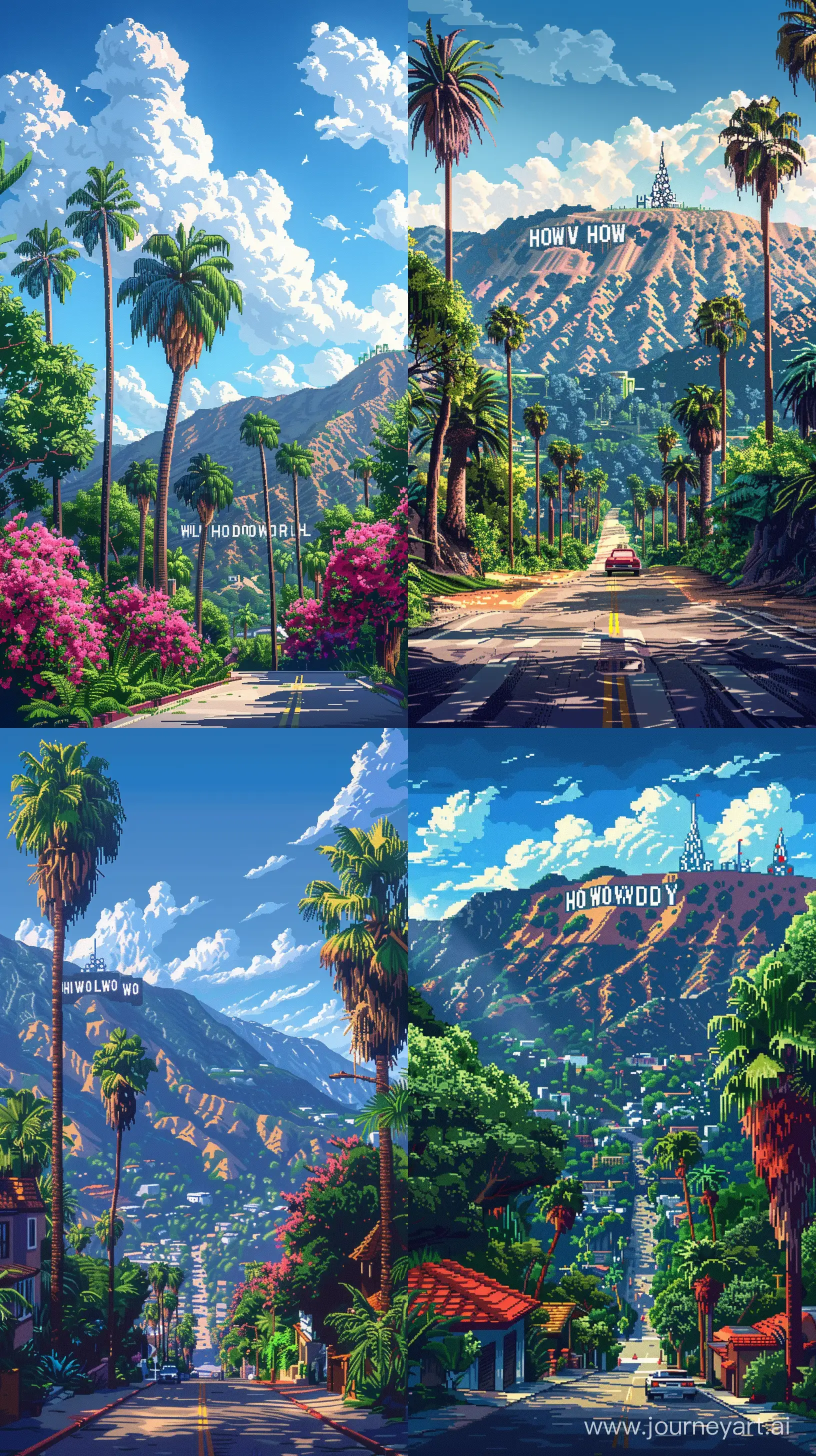 Hollywood View Illustration in 8-bit Pixel Art Style, Day Time, Retro Color Details, Extremely Details --s 500 --ar 9:16
