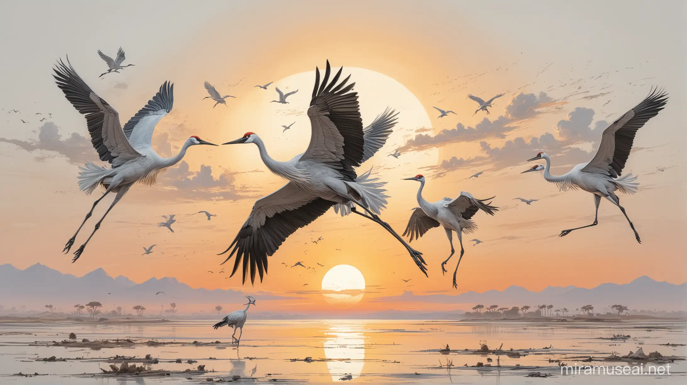 dzikie ptaki żurawie lecące o wschodzie słońca, szybki niedokończony szkic w stylu salvador dali, białe tło