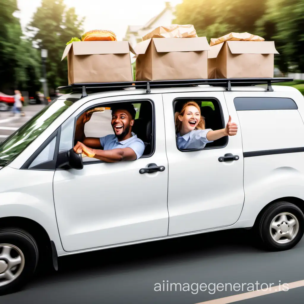 happy people driving cars and delivering food