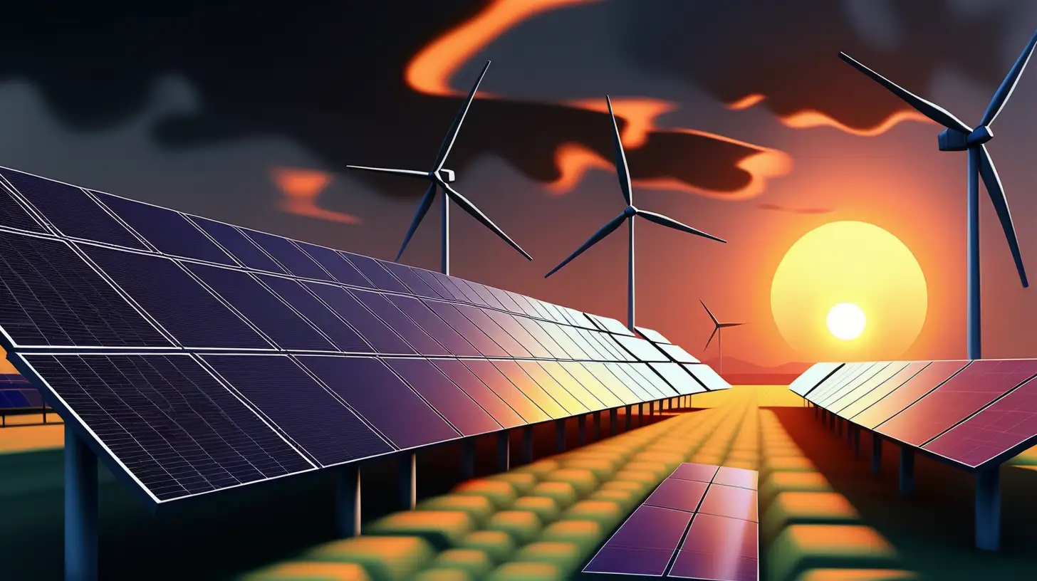 solar panel and wind turbines blockchain scene, sunset, very futuristic, dark