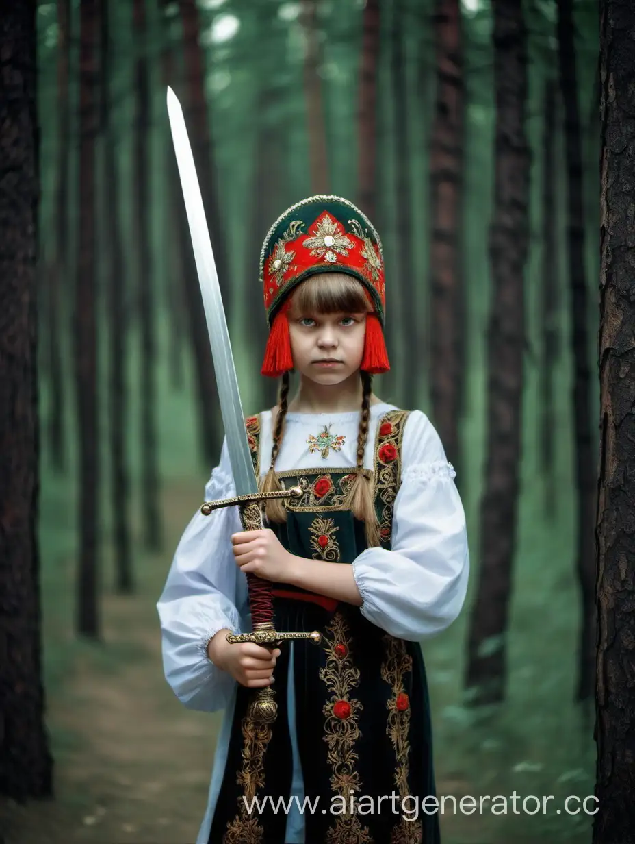 девушка в русском стиле с кокошником на голове и мечом в руке стоит в лесу