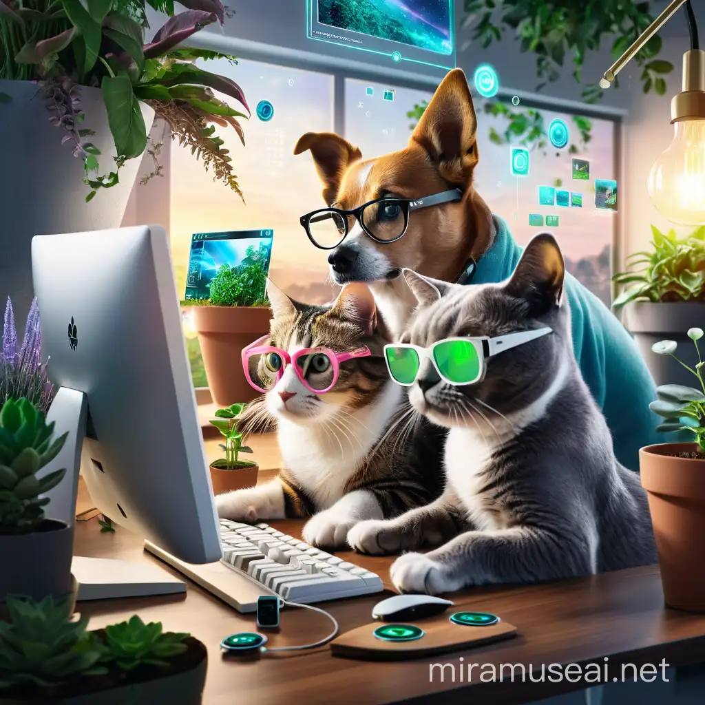 Futuristic Ecology Scene Curious Pets on Modern Desk with Holographic Display