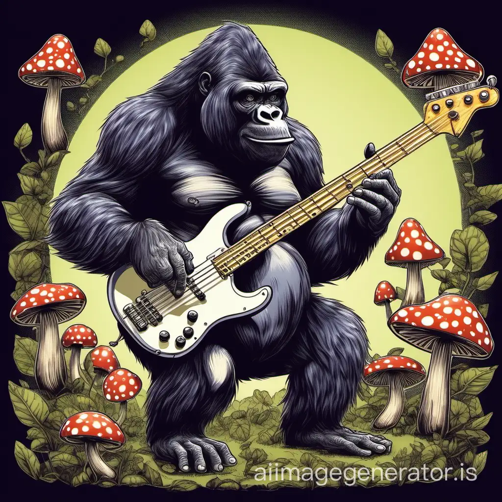 Funky Gorilla with a bass guitar eating magic mushrooms