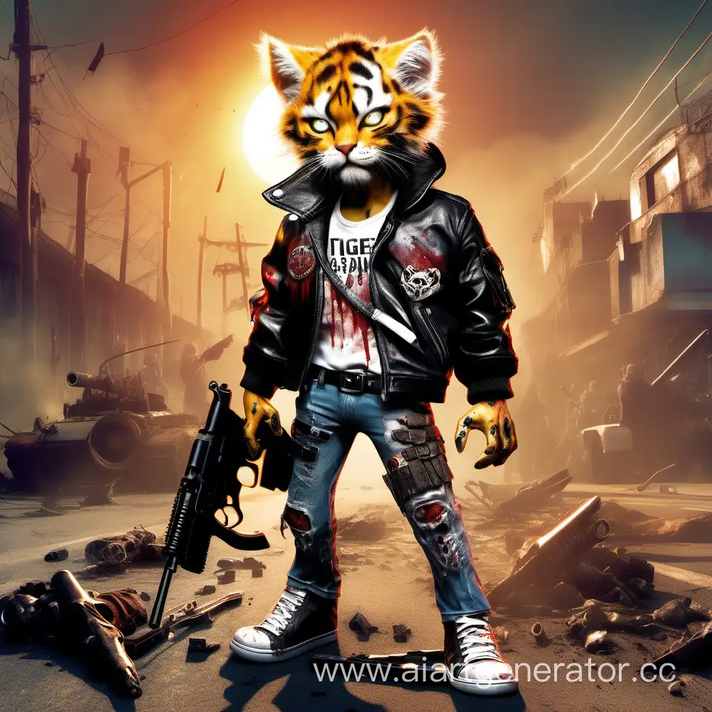 Тигровый котенок охотник на зомби с большими когтями в крови с пистолетом, кожанной куртке с большими шипами, надпись на куртке «SvaT», фон апокалипсис, светит солнце, реалистично,