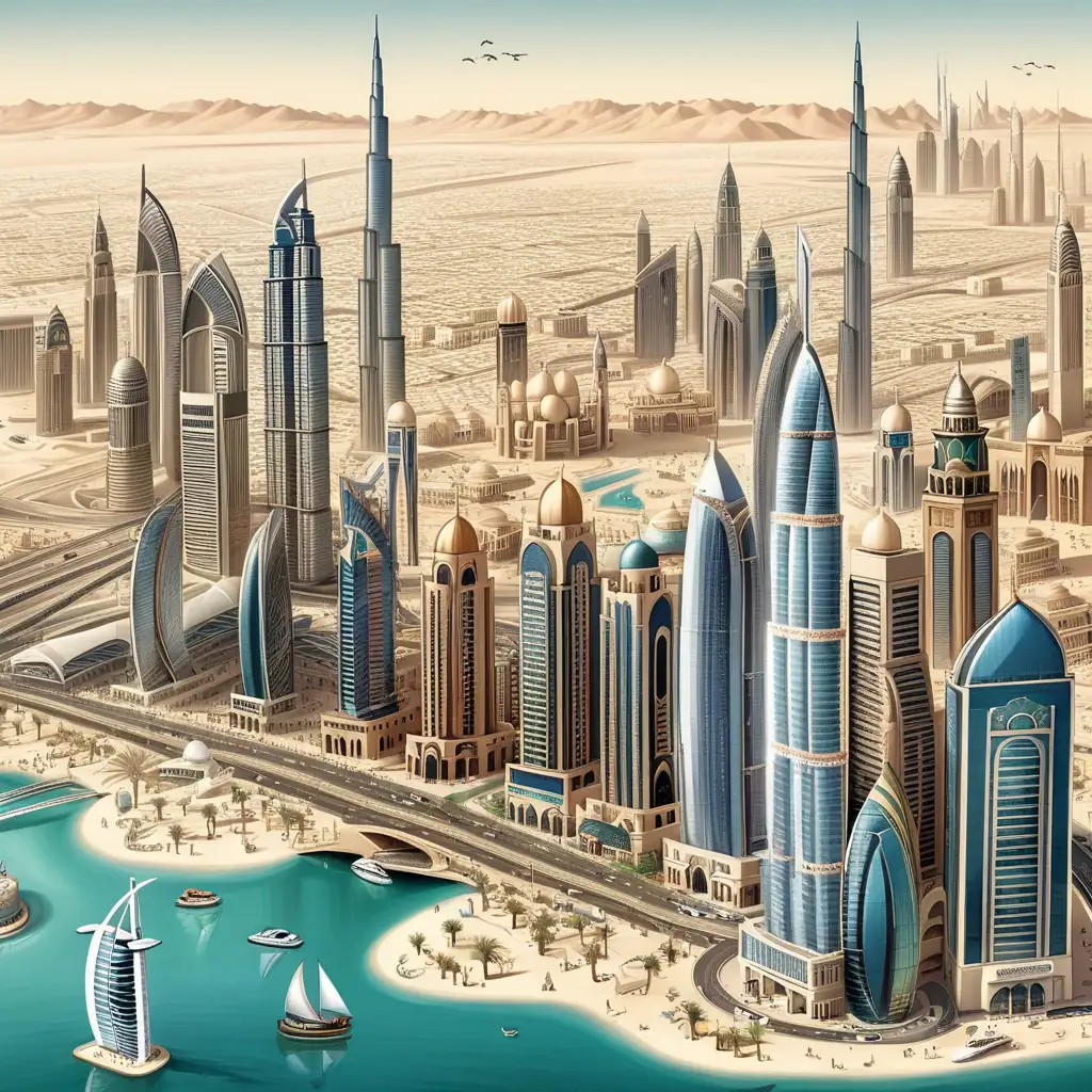 Cartoon Cityscape of Dubai with Iconic Landmarks