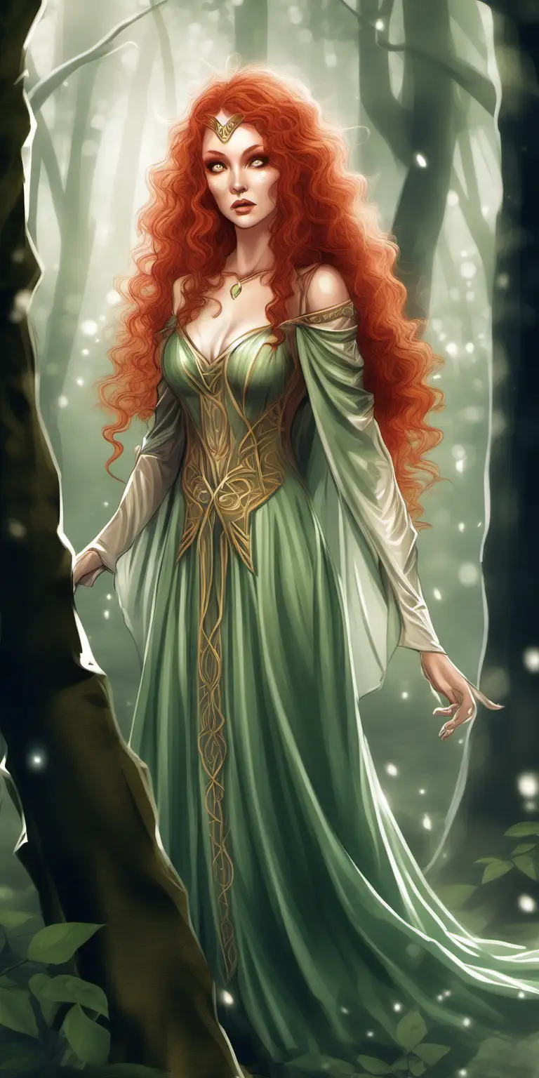  Взрослая Женщина эльф с рыжими кудрявыми волосами прозрачные глаза , красивое платье  тонкие острые зубы с  младенцем в лесу 
   Волшебство 