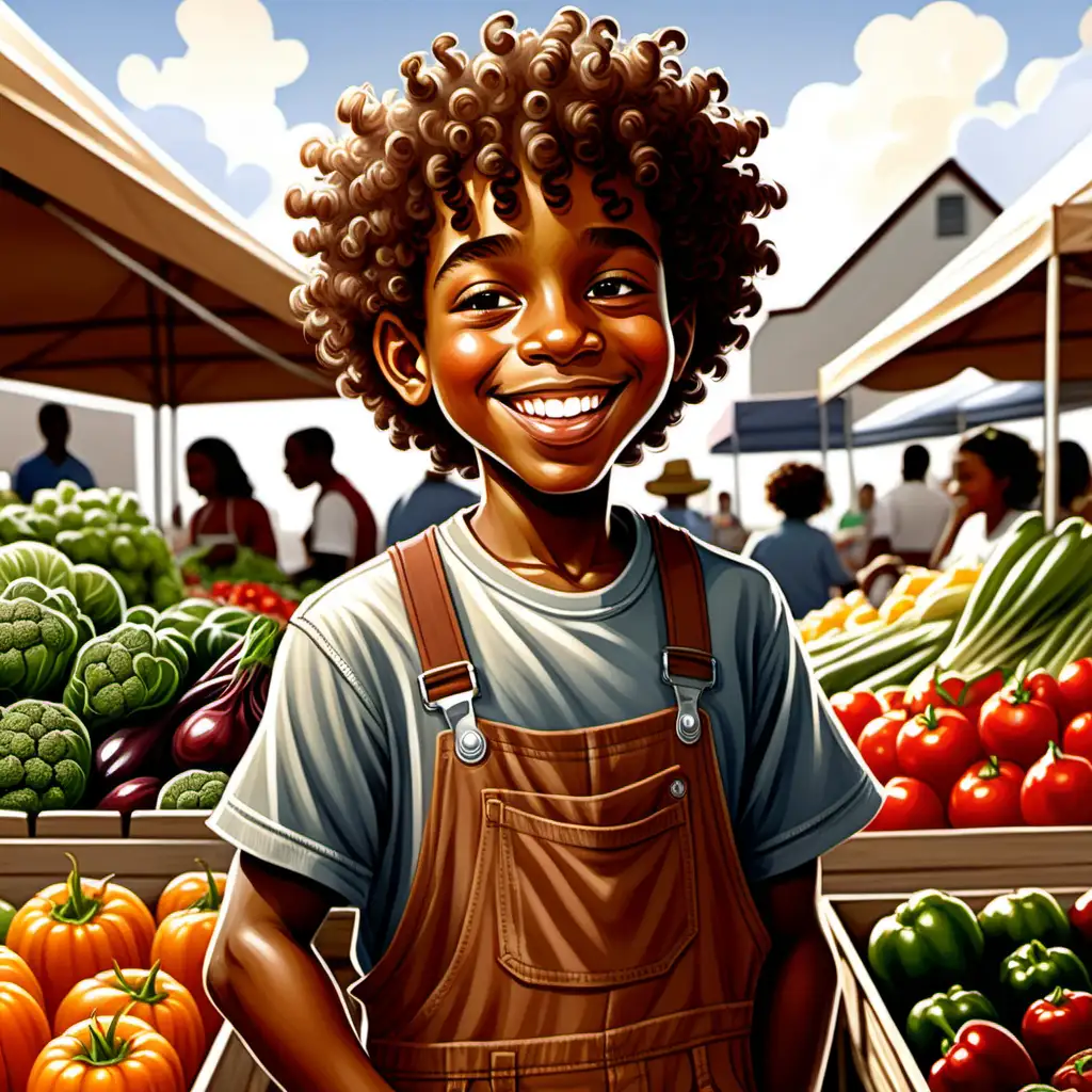 Ernie Barnes style cartoon 10 year old african american boy with curly hair and brown color overalls smiling tasting vegetable at the farmer's market