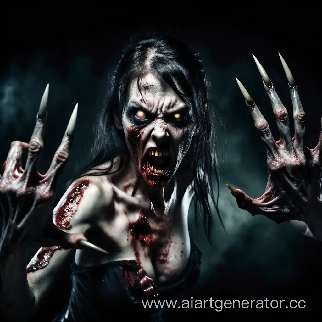 A horrifying scene of a zombie woman with long, curved pointed nails protruding from her fingers like menacing claws , lunging forward in an aggressive attack.