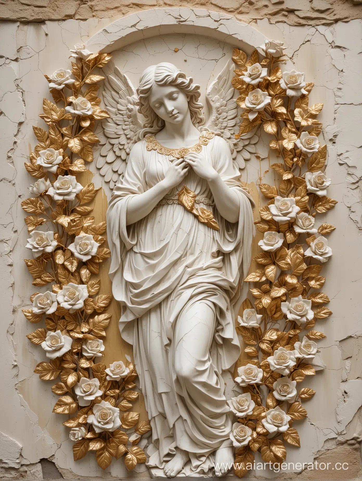 white basrelief sculpture of stoned angel on cracked stucco wall and huge gold roses flowers