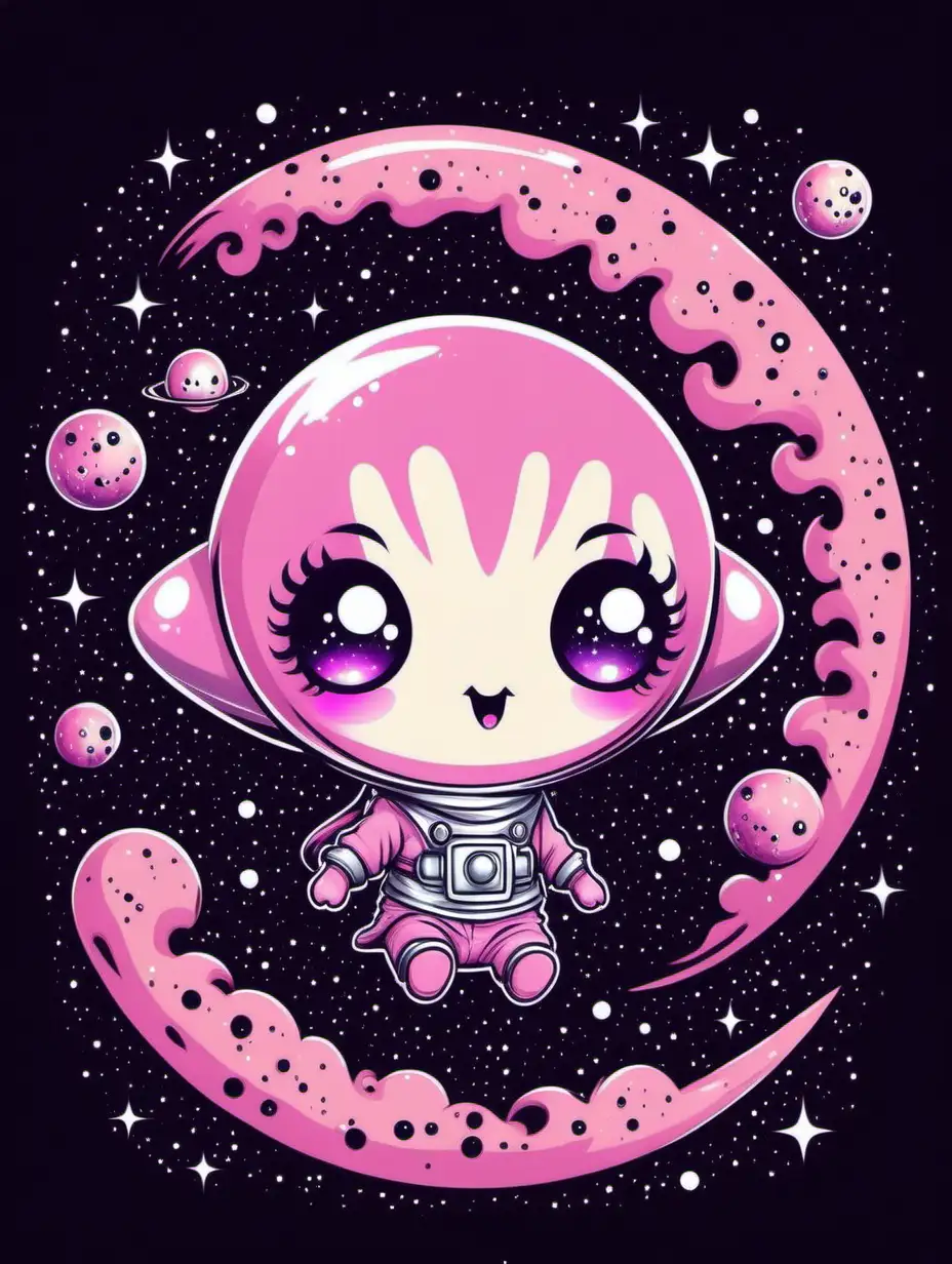 cute adorable chibi kawaii pastel goth pink alien floating in a galaxy, tshirt design vector illustration