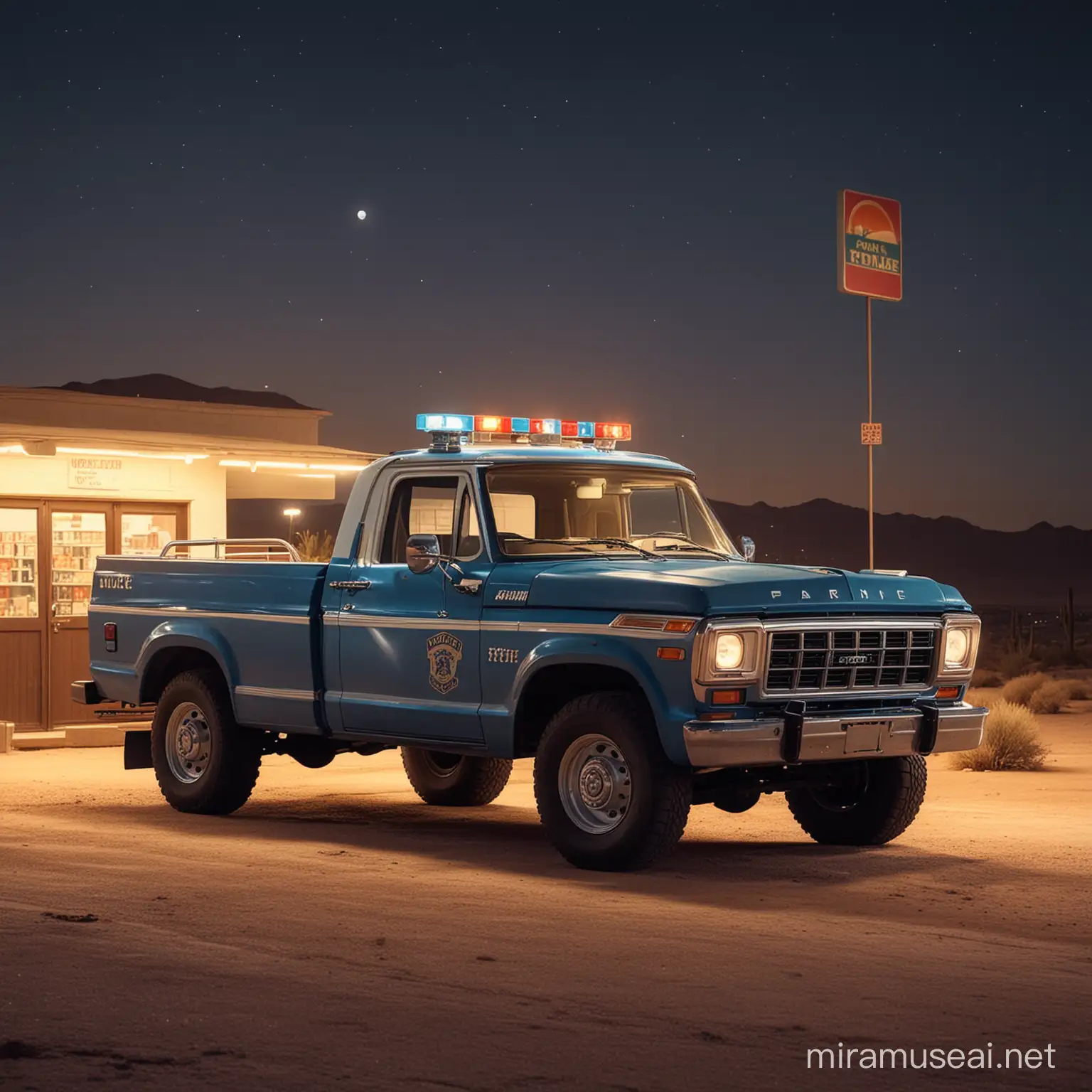 Vintage Police Pickup Truck Illuminated at Desert Gas Station