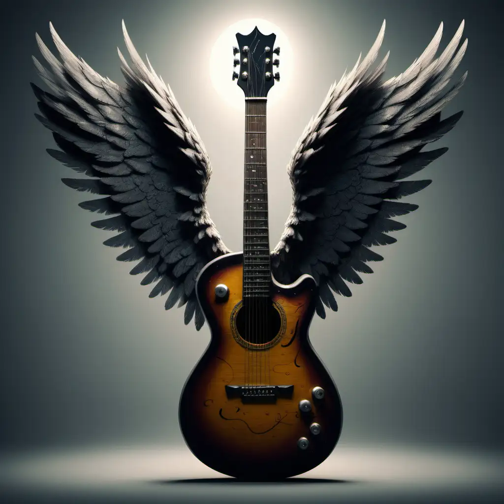 Flying Guitar Musical Instrument Takes Flight in a Surreal Scene