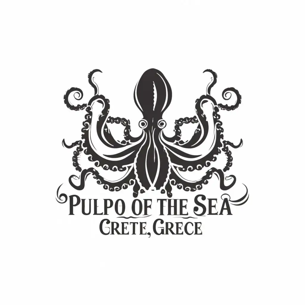 logo, Majestic Octopus with text below in black and white, with the text "pulpo of the sea" crete, greece", typography, be used in Retail industry