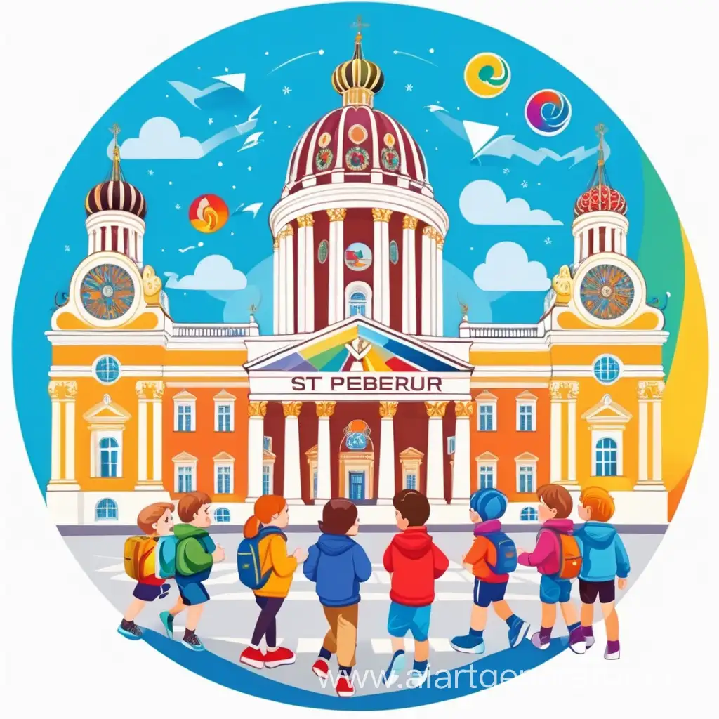 современные дети в центре изображения, вокруг музеи санкт-петербурга, цветная эмблема