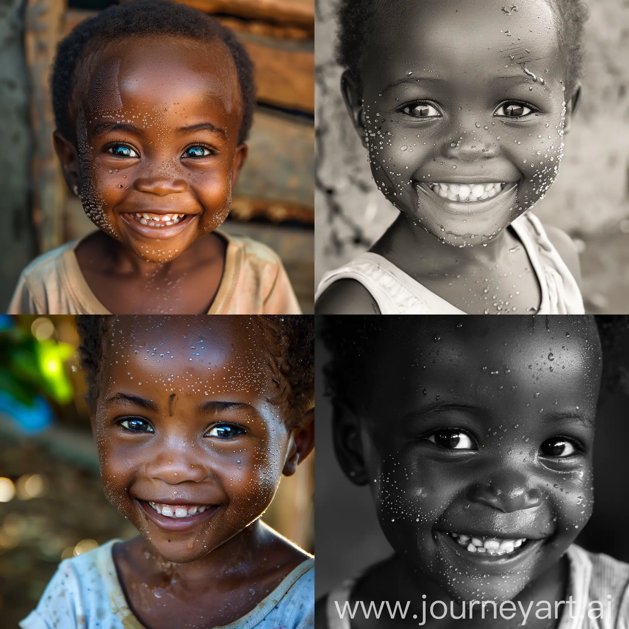 African little girl with dimples smiling. She has sweat droplets on her face. 