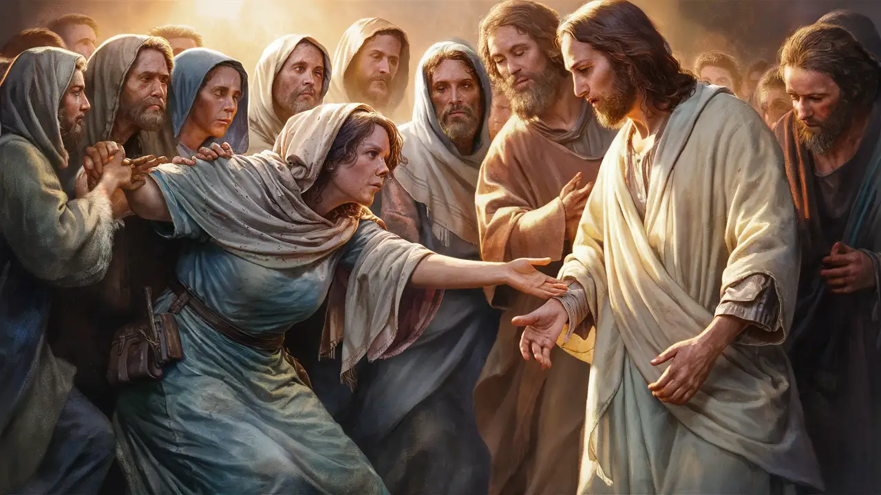"Illustrate the faith of the woman who touches the hem of Jesus' garment and is healed in Matthew 9:20-22. Show her determination and Jesus' tender response to her act of faith."