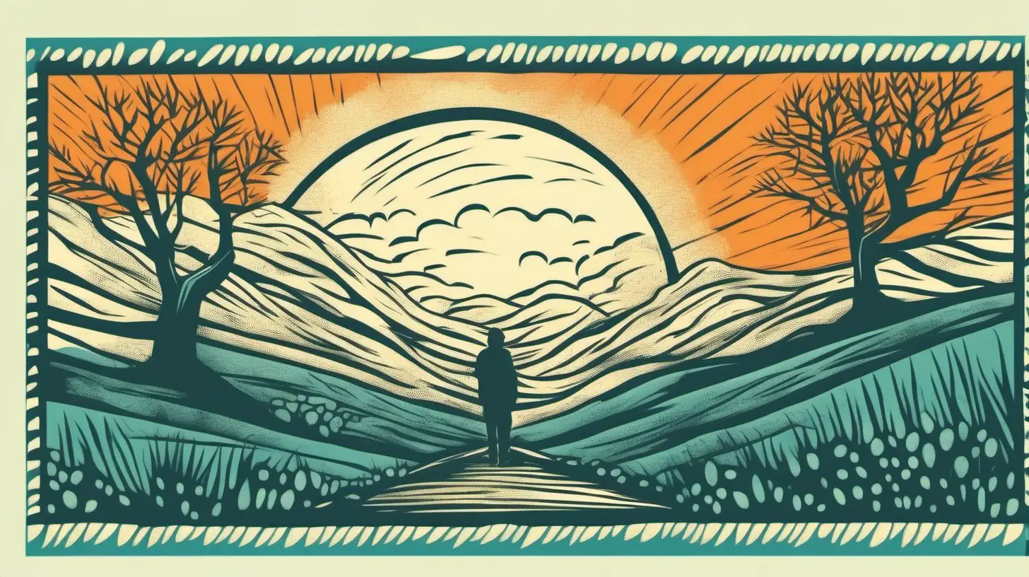 Create a block print style cartoon banner for a person feeling a bit lost in life and feeling hopeless. Add teal and orange accents to the color.