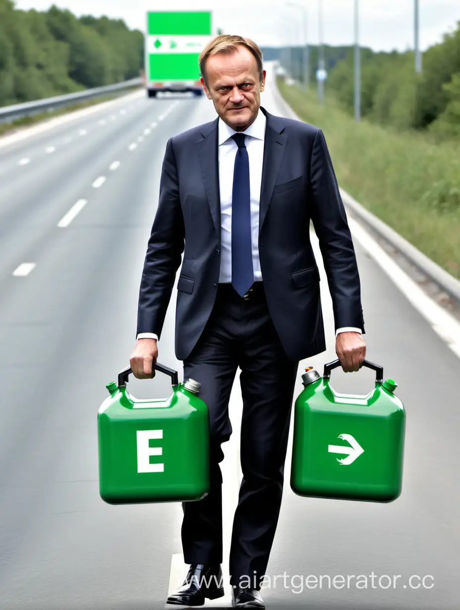 Donald Tusk with large green square fuel canister containing petrol benzine in his hands, walking on highway, sad face, tuxedo wearing, E10 fuel type logo/sign.