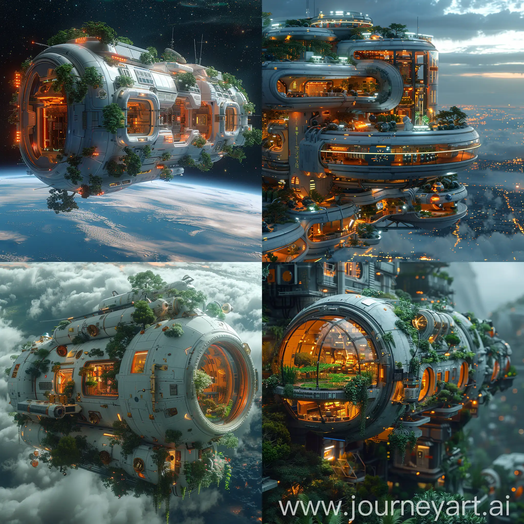 Futuristic space station, Artificial Gravity Control, Advanced Energy Shielding, Quantum Teleportation System, Self-repairing Materials, Bioluminescent Plant Life, Holographic Interfaces, Artificial Intelligence Crew Members, Zero-gravity Training Facility, Vertical Farming, Virtual Reality Entertainment Center, Solar Panels, Water Recycling System, Aeroponic Gardens, Waste Management System, Algae Biofuel Production, Energy-efficient Lighting, Hydroponic Farming, Carbon Capture Technology, Green Roof Design, Wind Turbines, Reinforced Outer Hull, Micrometeoroid Shields, Shock-Absorbing Systems, Multi-Layered Shielding, Modular Design, Whipple Shielding, Impact-Resistant Windows, Emergency Containment Systems, Structural Redundancy, Automated Repair Systems, octane render --stylize 1000