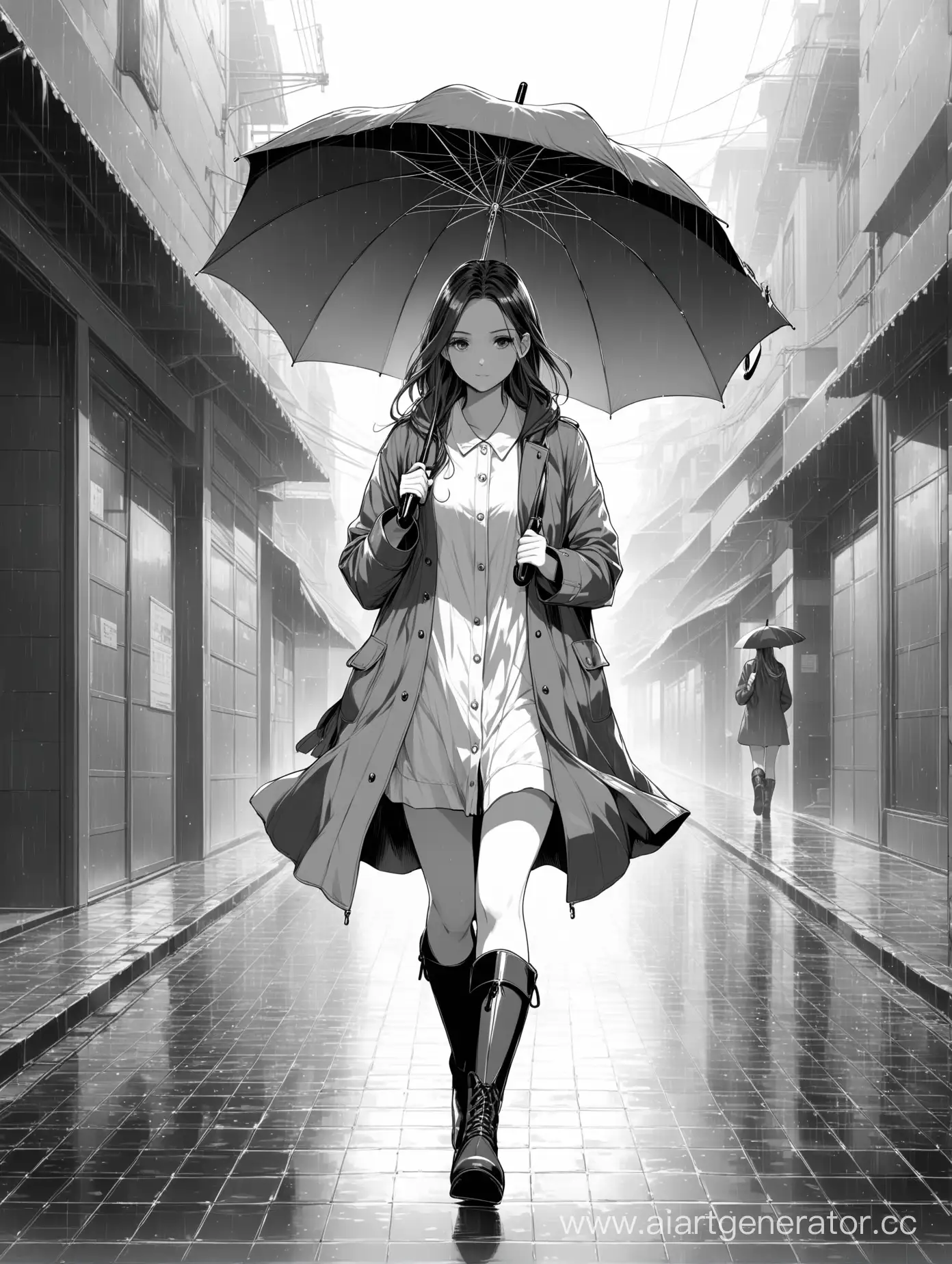 A girl, long jacket, boots. Walking. Umbrella. Colorless