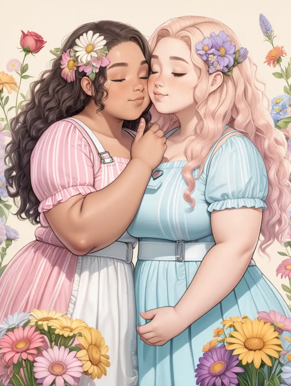 Two cute, plus size, mixed race lesbian kawaii girls looking at each other lovingly with flowers. Their eyes are closed and one of them has a prosthetic arm