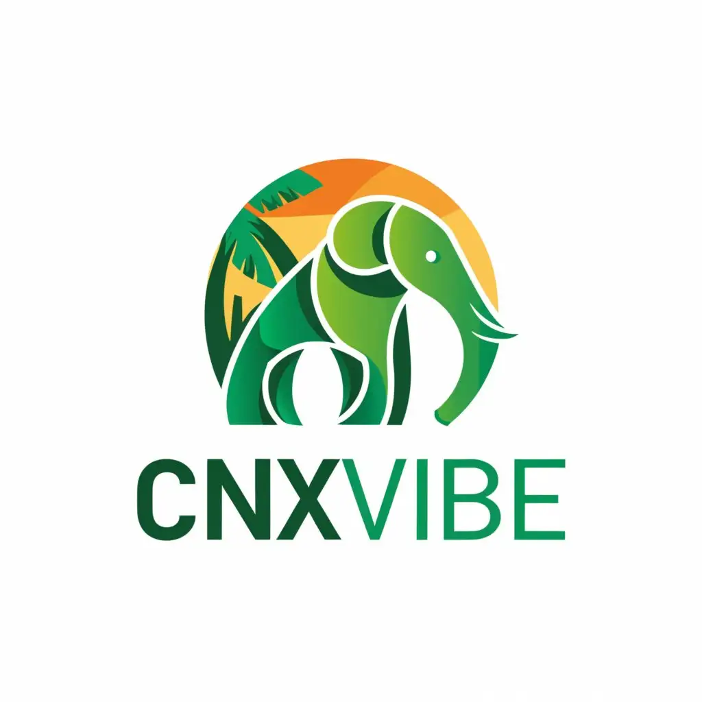 a logo design, with the text CNX VIBE, main symbol: Elephant, Complex, be used in travel industry, clear background, Modern font, jungle theme, sunset
