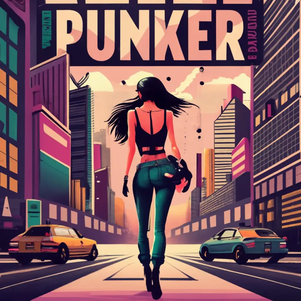 logo, hot girl punkrock walking in NY, with the text "Punker", typography, be used in Entertainment industry