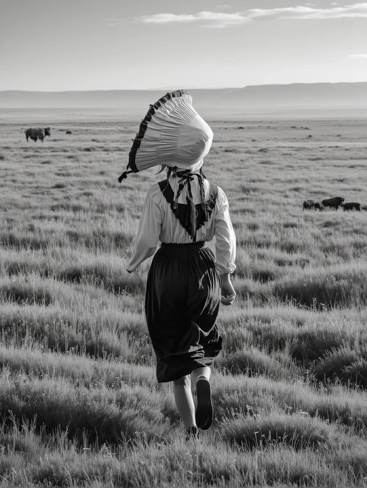 Pioneer Woman Running Through BuffaloFilled Prairie in Monochrome