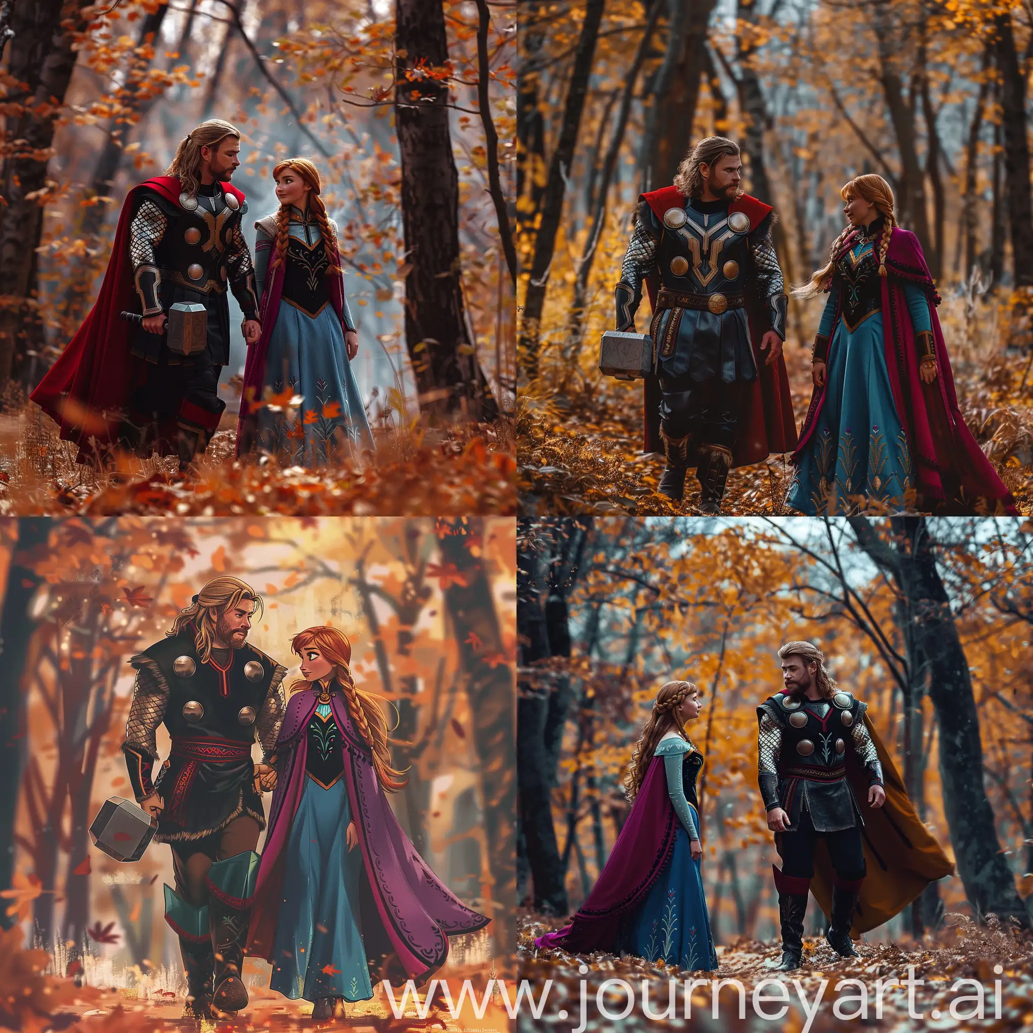 Thor walking next to Anna from Frozen, in the forest, autumn
