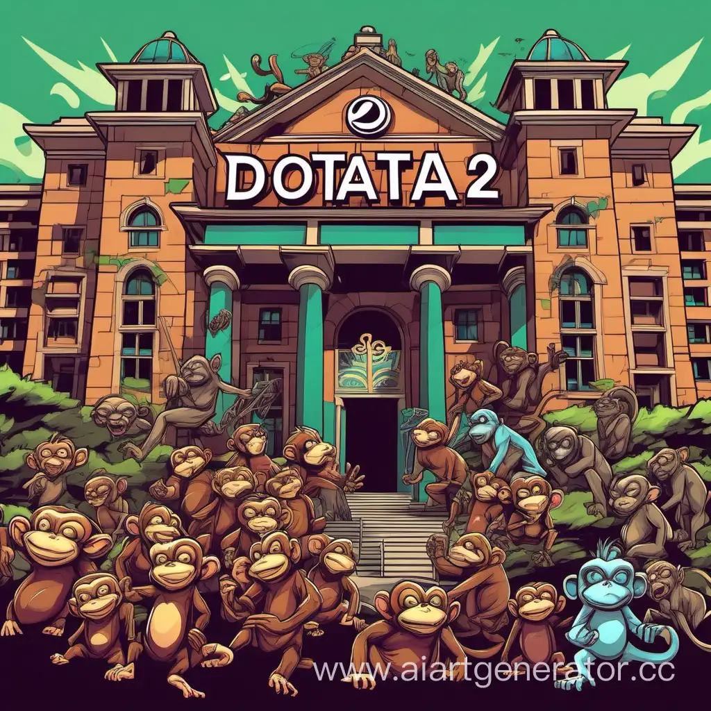 a medium quality digital art of the (Dota 2) logo held by a group of playful monkeys in front of a grand, imposing psychiatric hospital. The monkeys are mischievous, dangling from the logo, interacting with it, and proudly showcasing it. The hospital in the background is a symbol of seriousness and contrast to the lively monkeys, creating a sense of irony. The art style is vibrant and cartoony, with bold colors and dynamic poses. The logo is recognizable and prominently displayed, while the psychiatric hospital serves as a unique and unexpected backdrop. This artwork can be used for gaming fan art, digital illustration, or as a playful design for merchandise like t-shirts or posters.