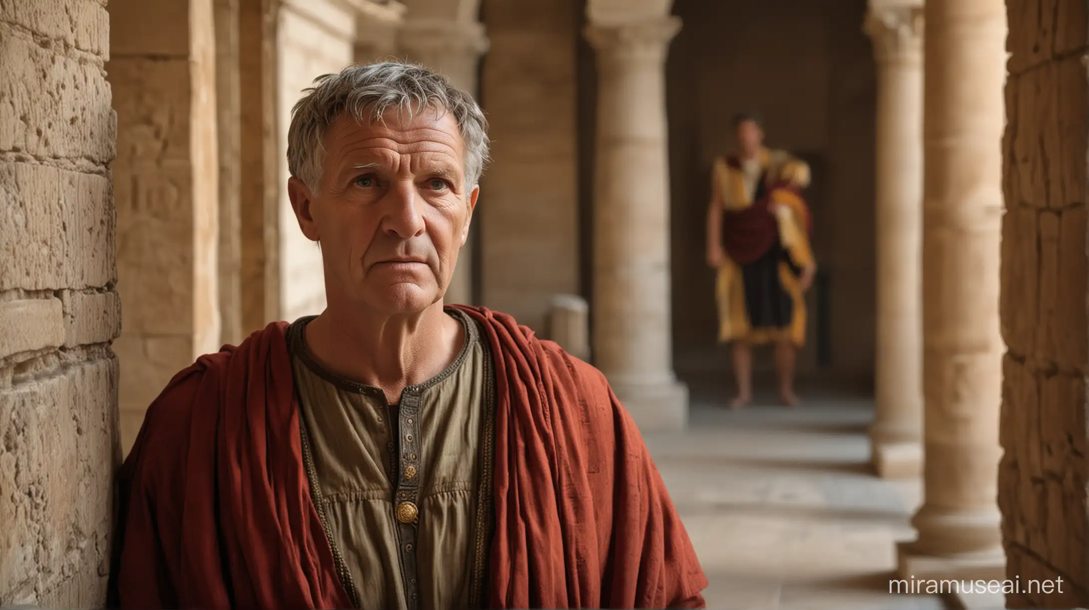 The roman emperor Augustus as an old man in his 70s is inside his roman palace, he looks to the viewer.