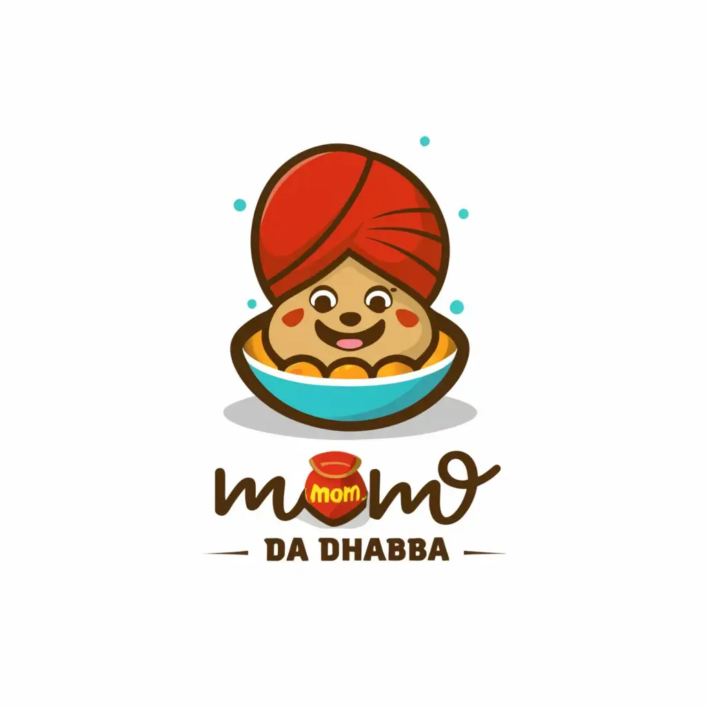 a logo design,with the text 'Momo da Dhaba', main symbol:momo in a bowl wearing a Punjabi turban with Chinese eyes,Minimalistic,be used in Restaurant industry,clear background
